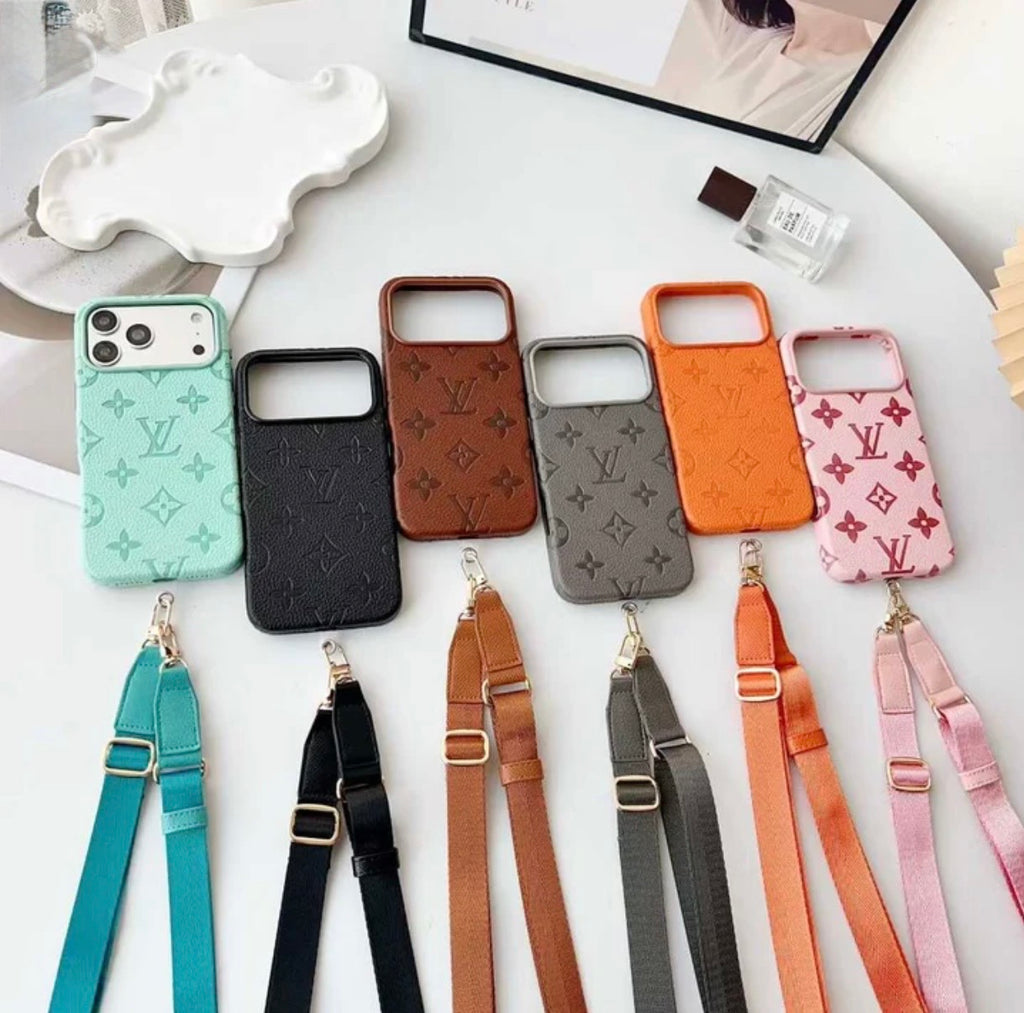 Elite Monogram Leather Case with Designer Crossbody Strap for iPhone