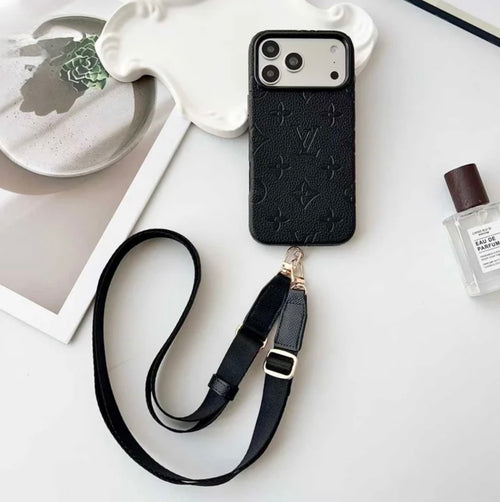 Elite Monogram Leather Case with Designer Crossbody Strap for iPhone