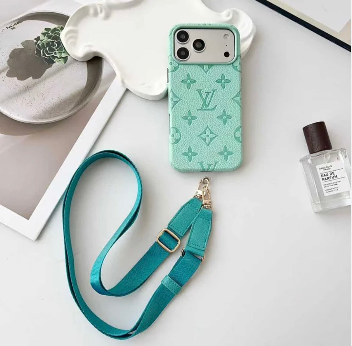Elite Monogram Leather Case with Designer Crossbody Strap for iPhone