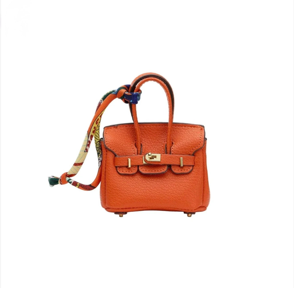 Mini Birkin Faux Leather Bag For Airpods Charm with Scarf Detail