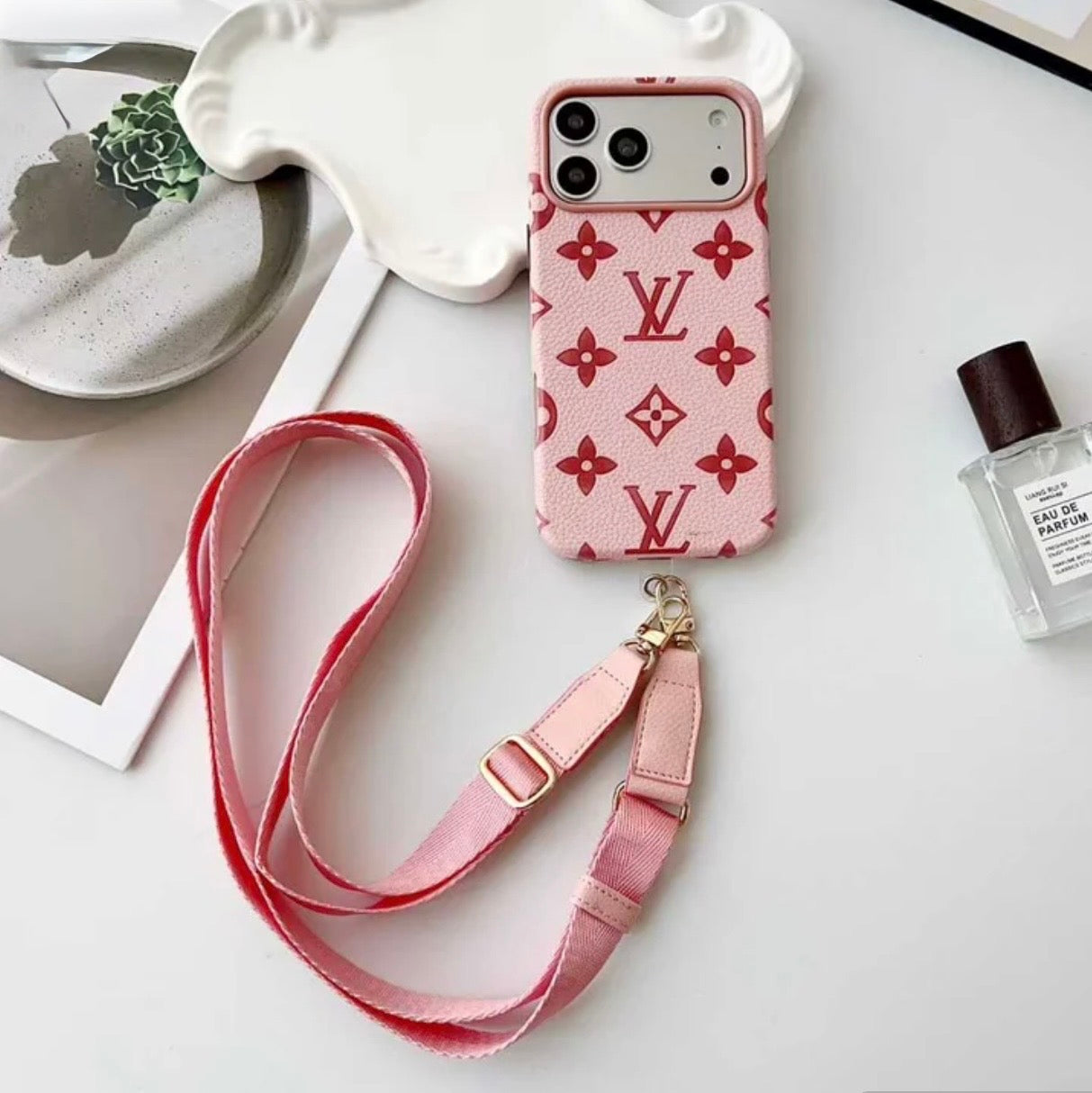 Elite Monogram Leather Case with Designer Crossbody Strap for iPhone