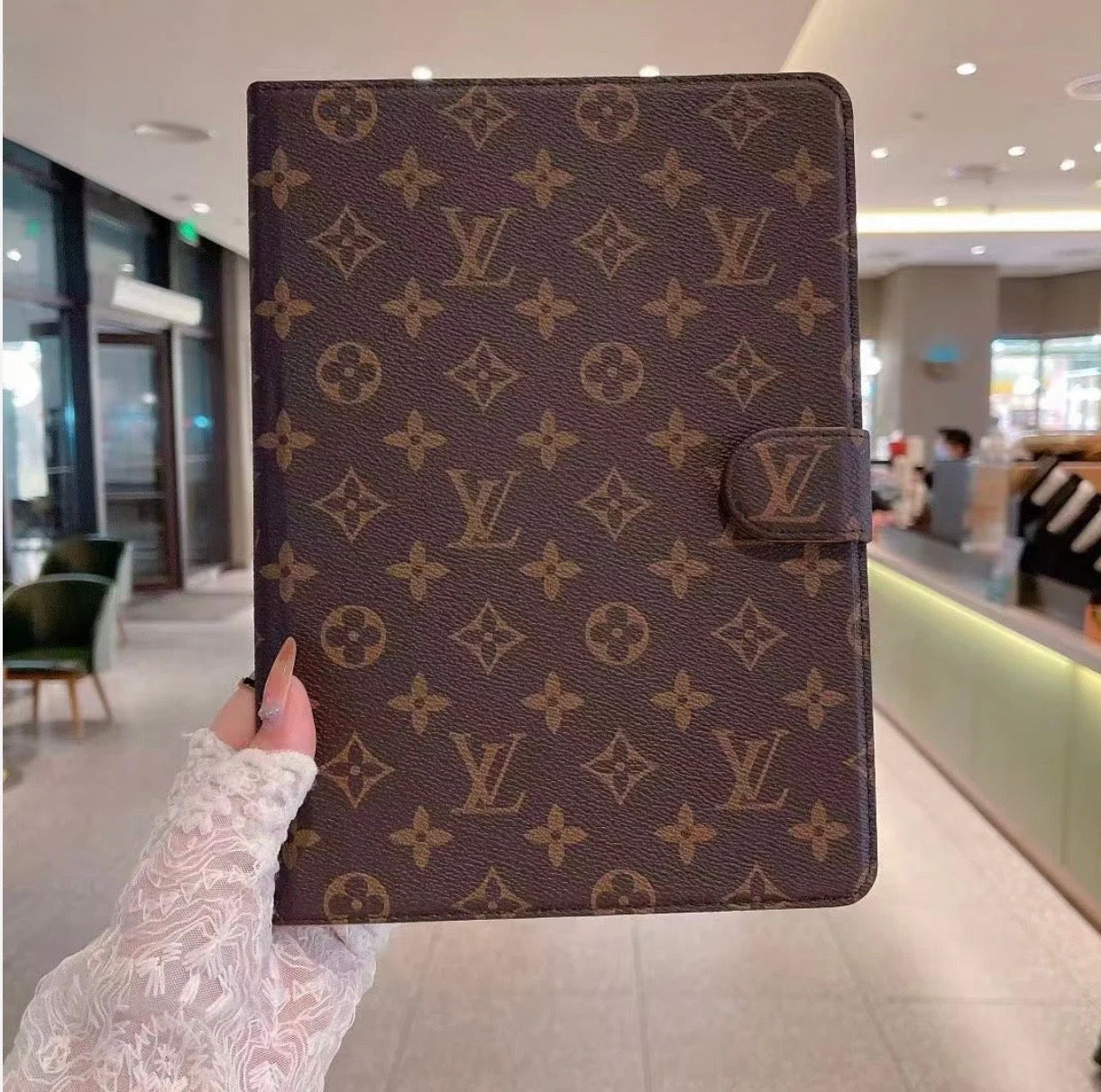 Luxury Canvas Monogram Leather Fresh Summer Theme Pattern Apple iPad case Black