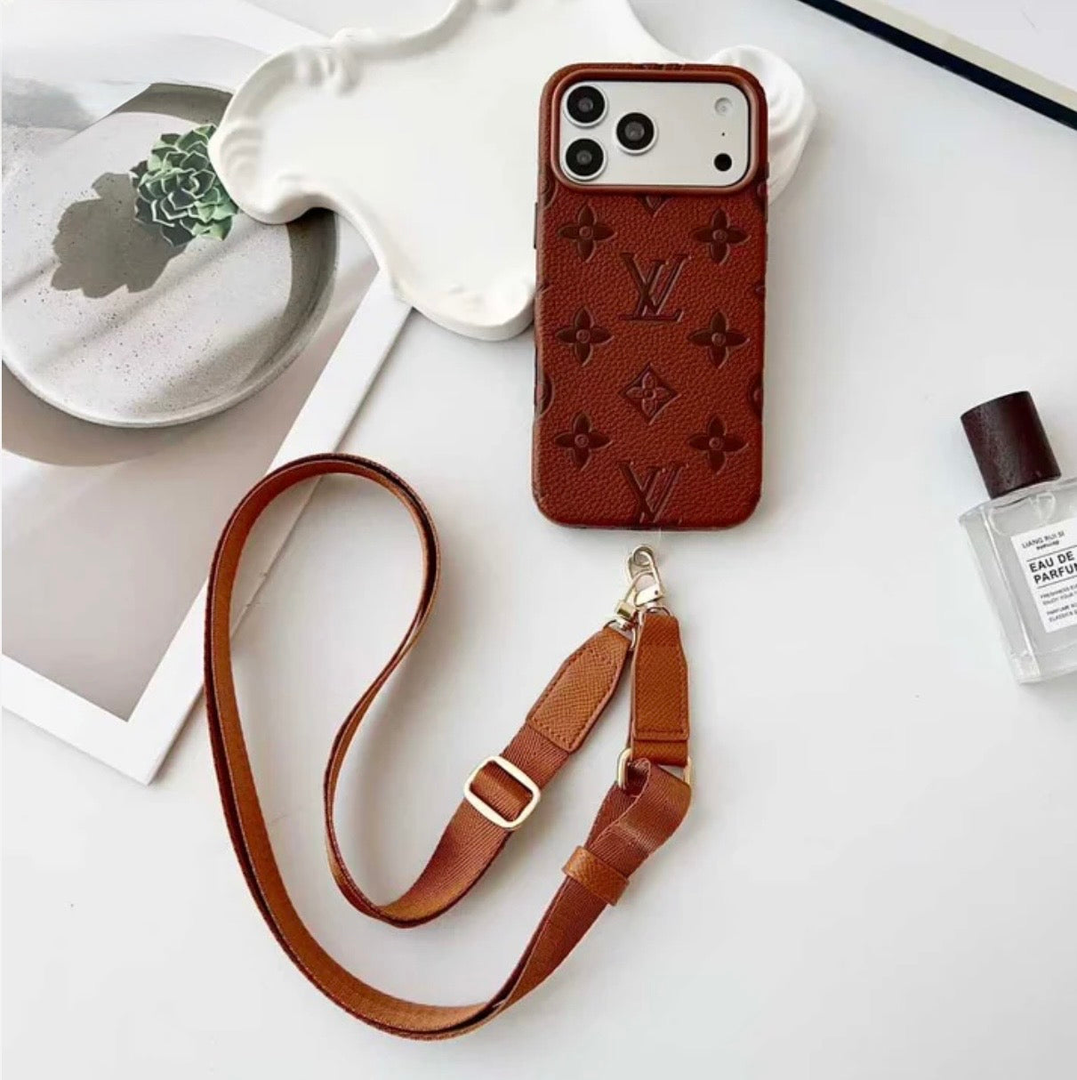 Elite Monogram Leather Case with Designer Crossbody Strap for iPhone