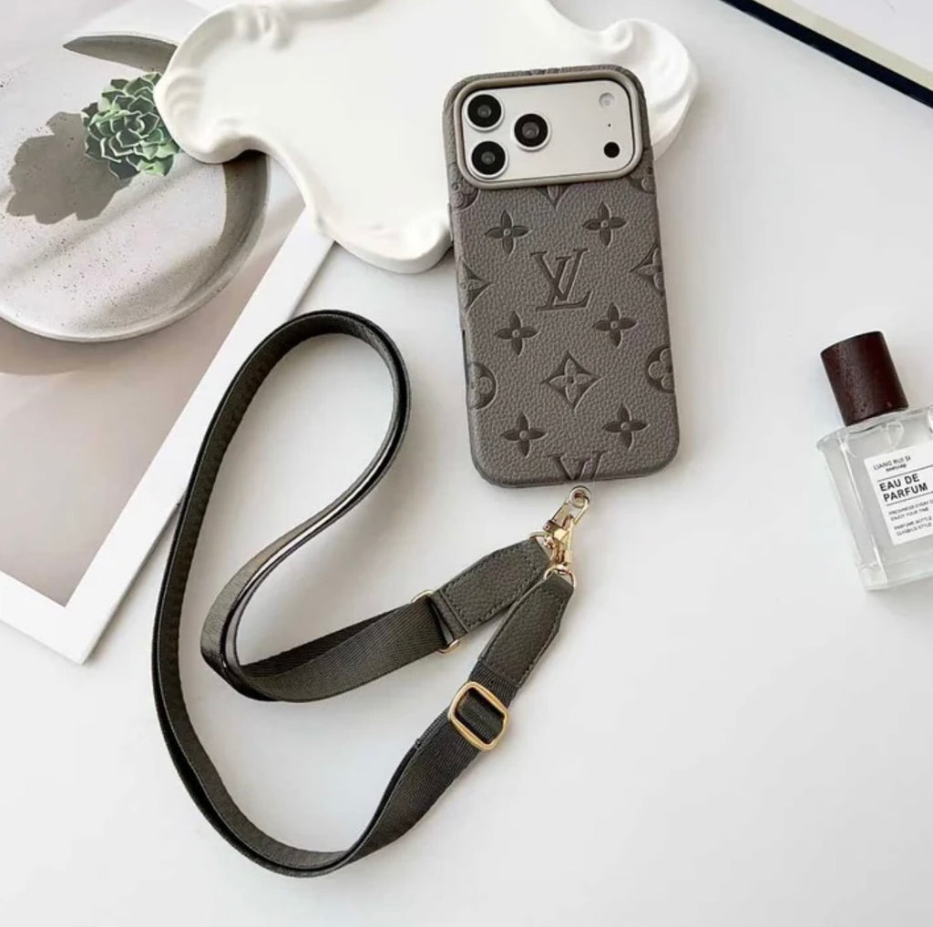 Elite Monogram Leather Case with Designer Crossbody Strap for iPhone