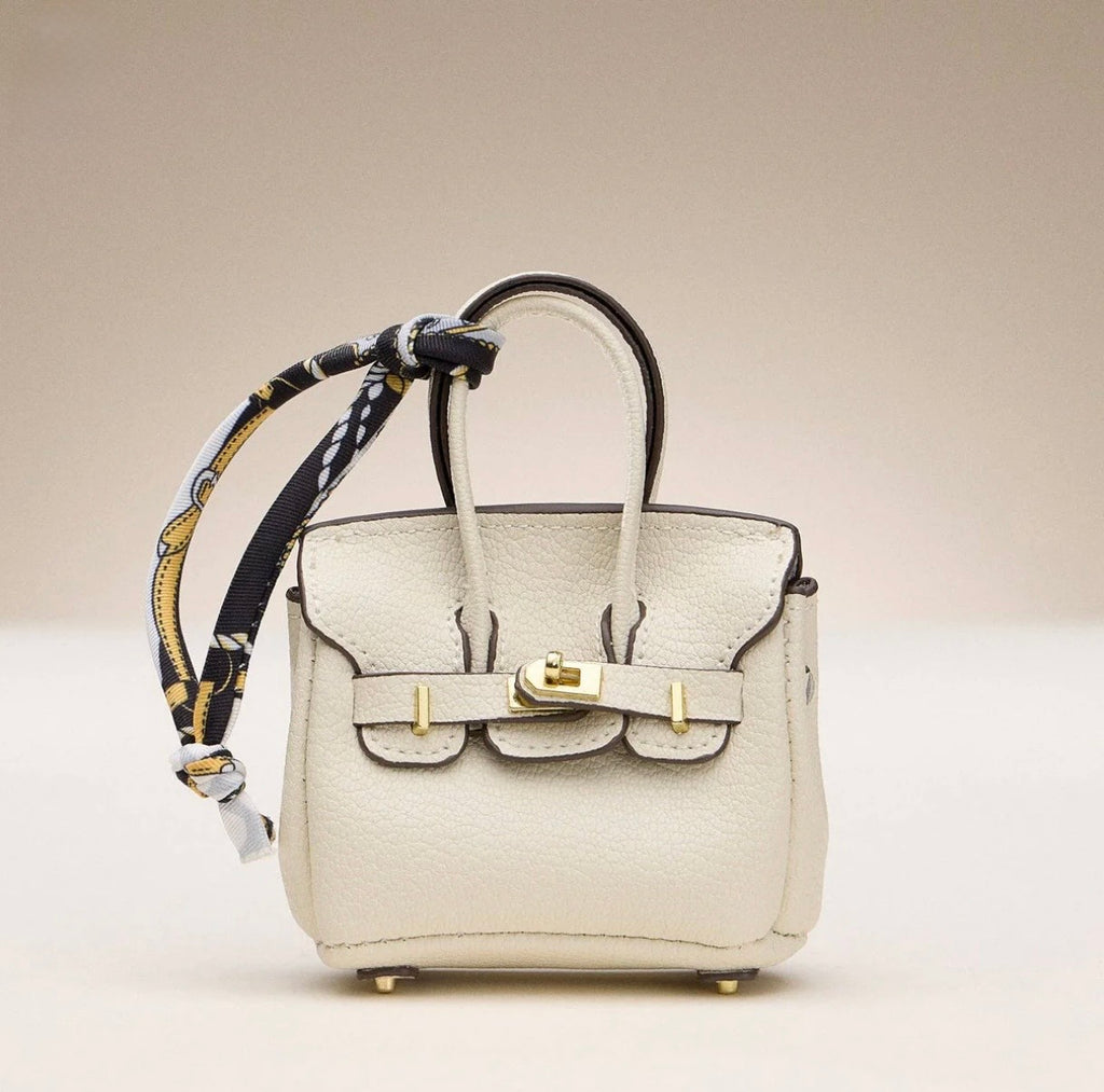 Mini Birkin Faux Leather Bag For Airpods Charm with Scarf Detail
