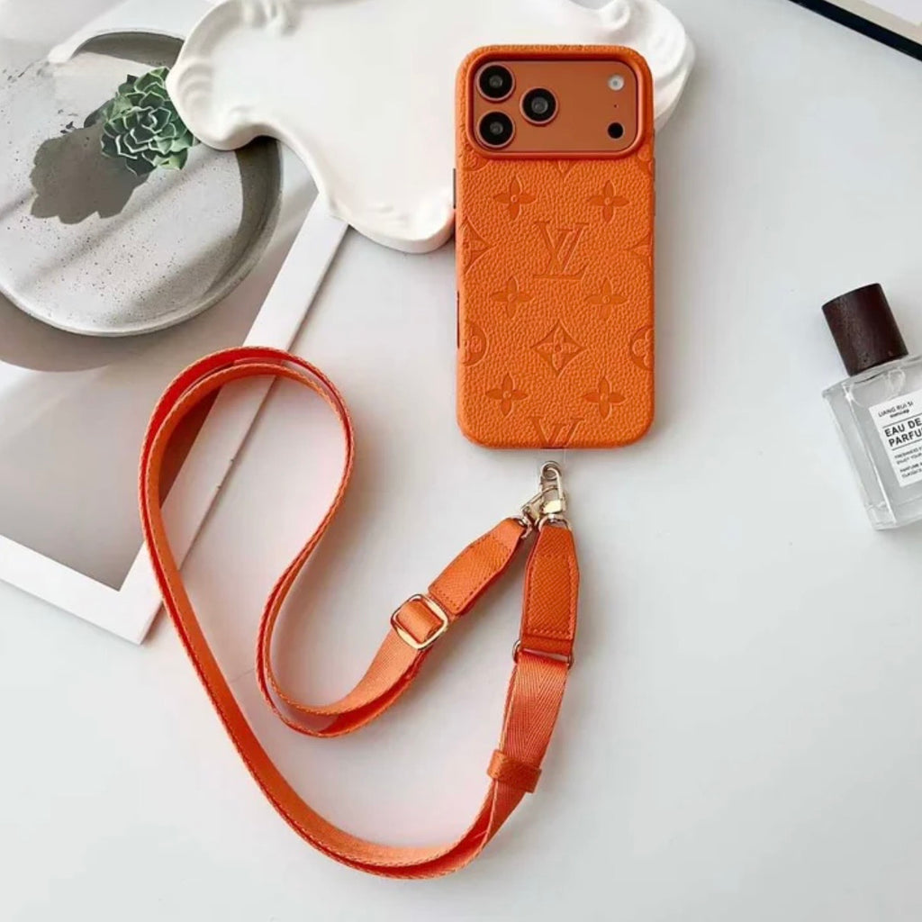 Elite Monogram Leather Case with Designer Crossbody Strap for iPhone