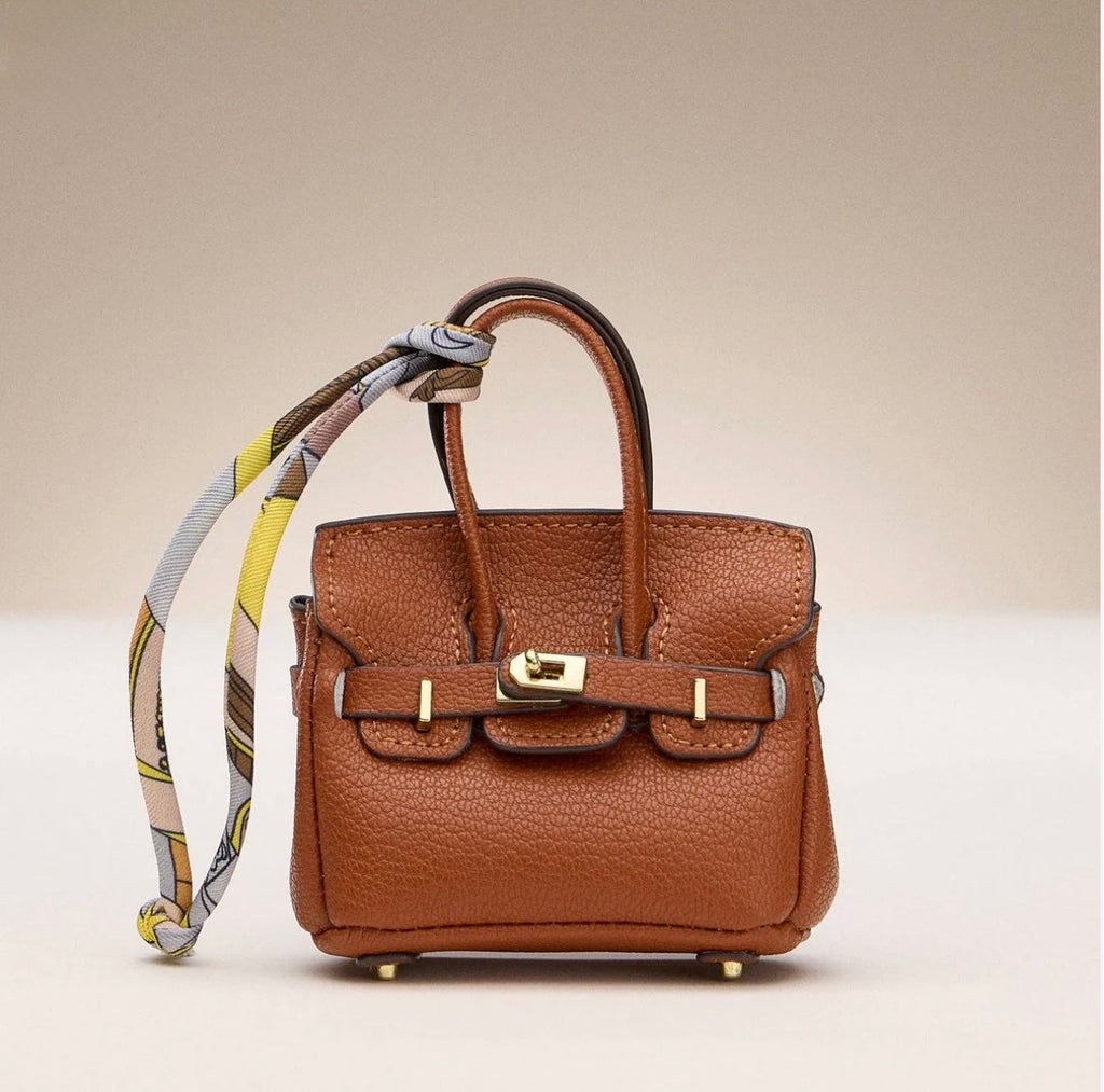 Mini Birkin Faux Leather Bag For Airpods Charm with Scarf Detail
