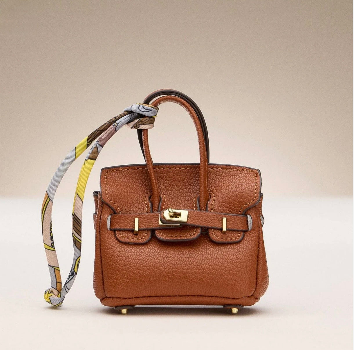 Mini Birkin Faux Leather Bag For Airpods Charm with Scarf Detail